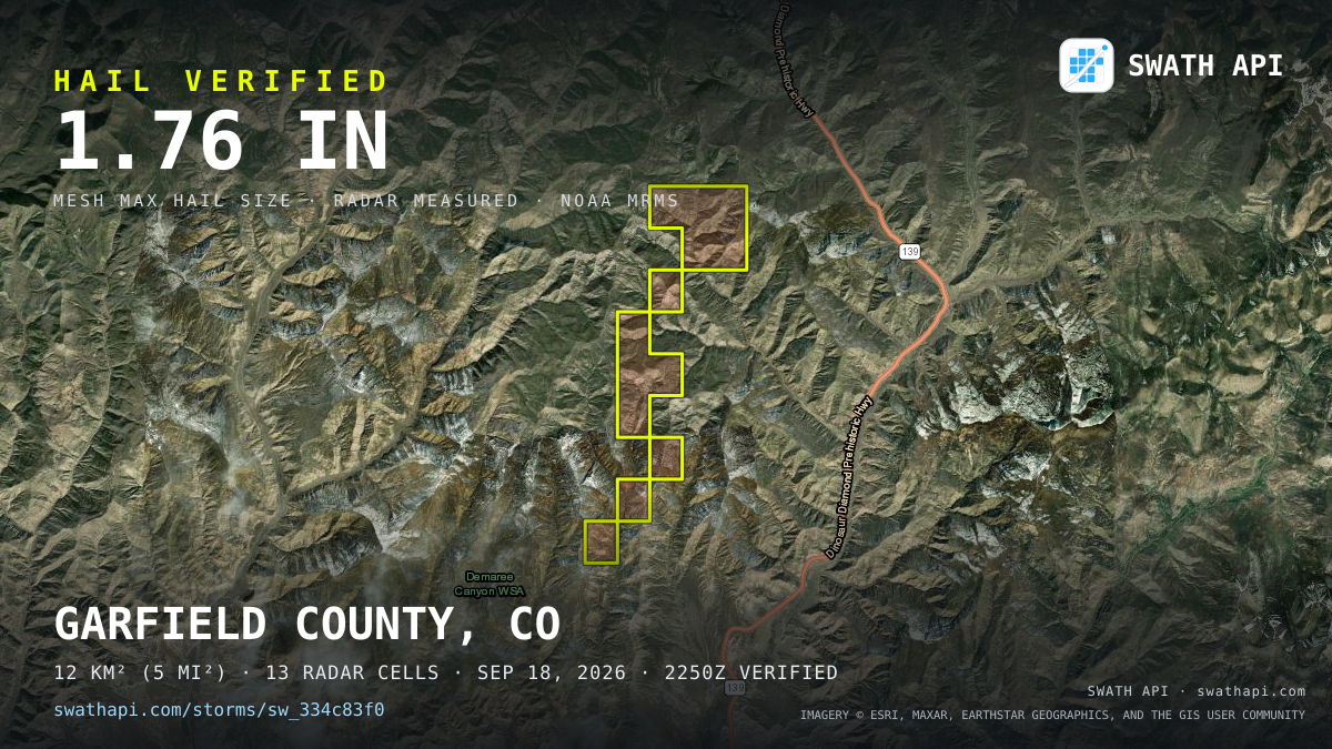 Storm card: 1.3–1.8" hail crossed Garfield County, CO — September 18, 2026
