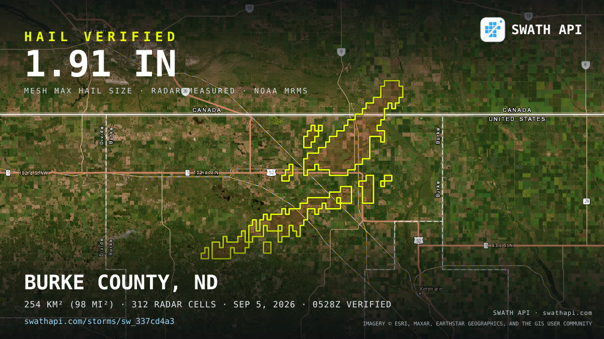 Storm card: 1.1–1.9" hail crossed Burke County, ND — September 5, 2026