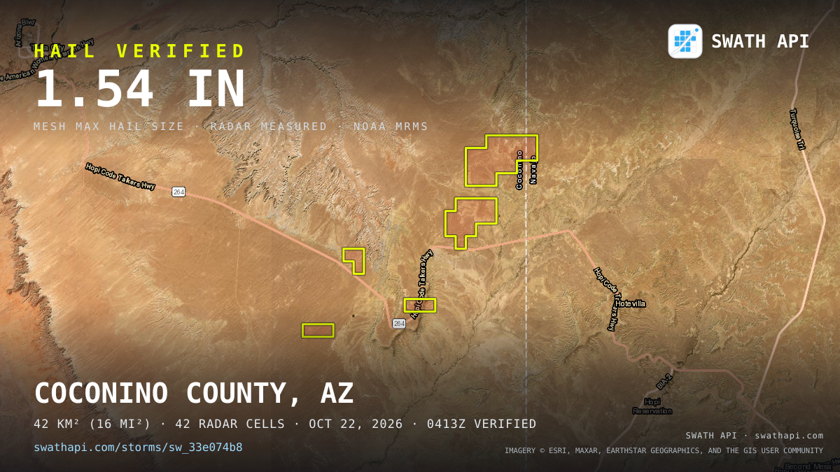 Storm card: 1.1–1.5" hail crossed Coconino County, AZ — October 22, 2026