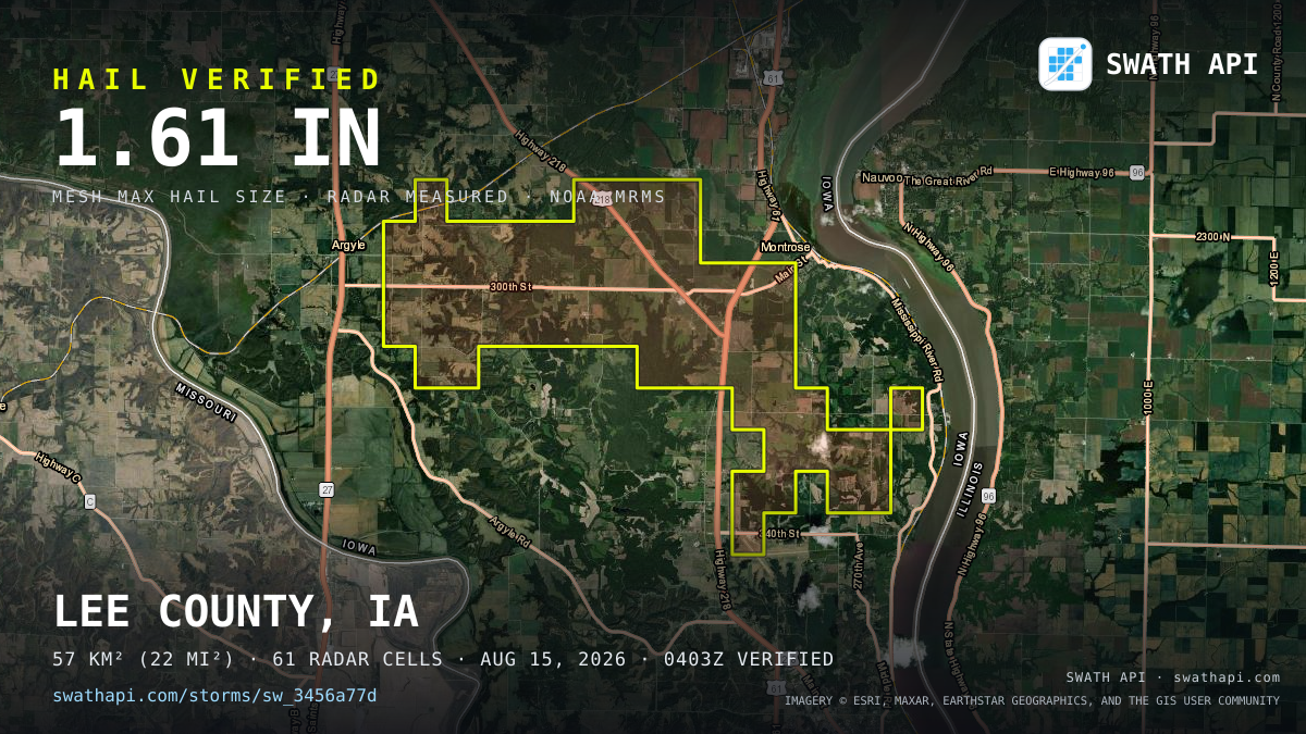 Storm card: 1.1–1.6" hail crossed Lee County, IA — August 15, 2026