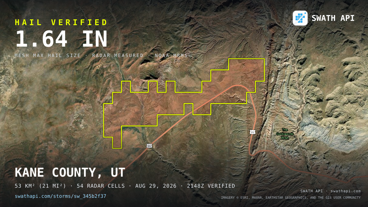 Storm card: 1.3–1.6" hail crossed Kane County, UT — August 29, 2026