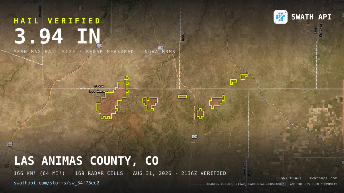 Storm card: 1.1–3.9" hail crossed Las Animas County, CO — August 31, 2026