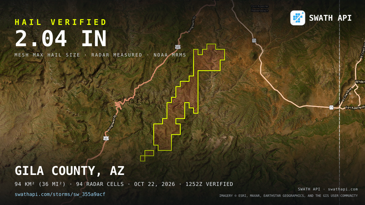 Storm card: 1.2–2" hail crossed Gila County, AZ — October 22, 2026