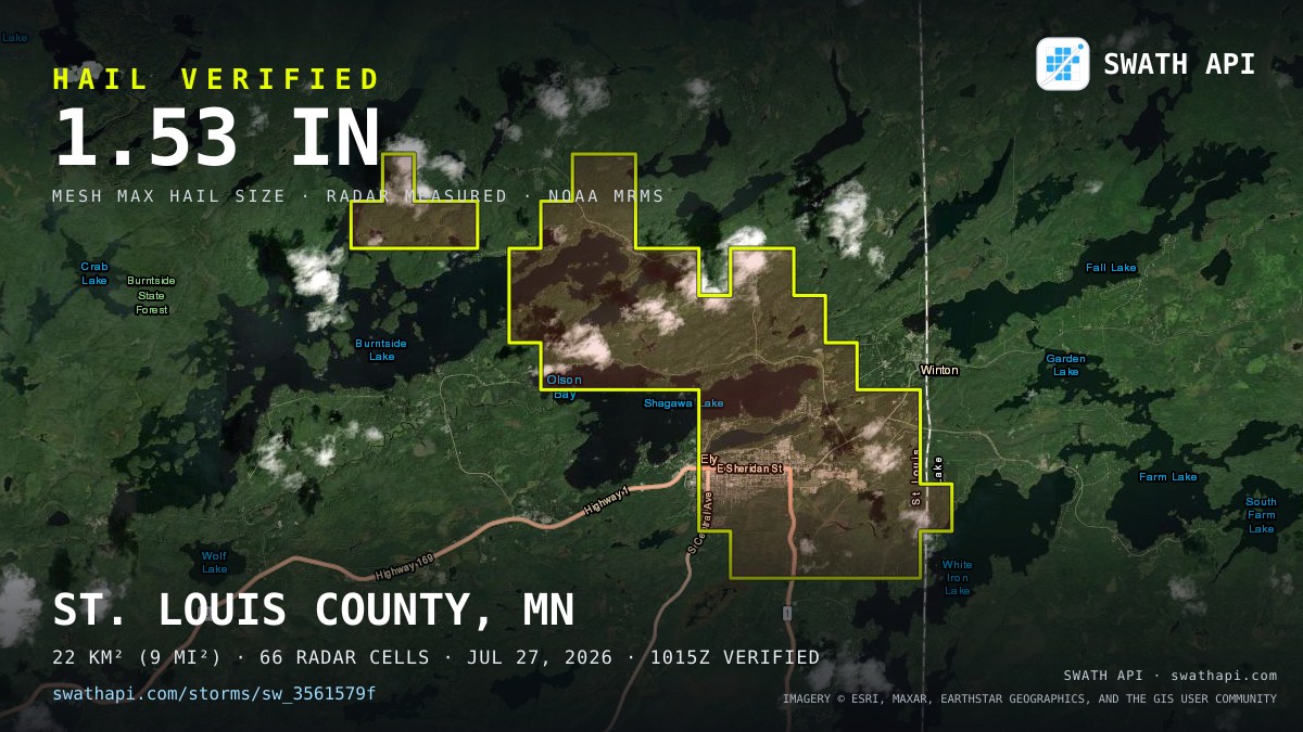 Storm card: 1.1–1.6" hail crossed Lake County, MN — July 27, 2026