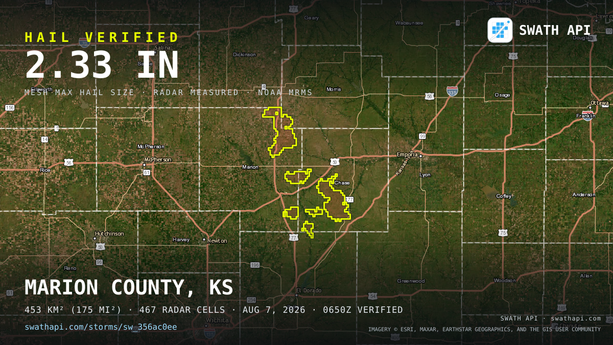 Storm card: 1.1–2.3" hail crossed Chase County, KS — August 7, 2026