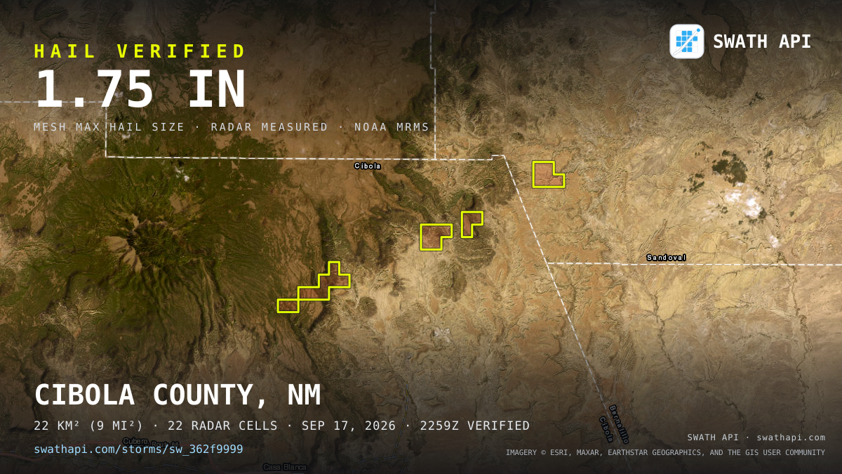 Storm card: 1.3–1.8" hail crossed Cibola County, NM — September 17, 2026
