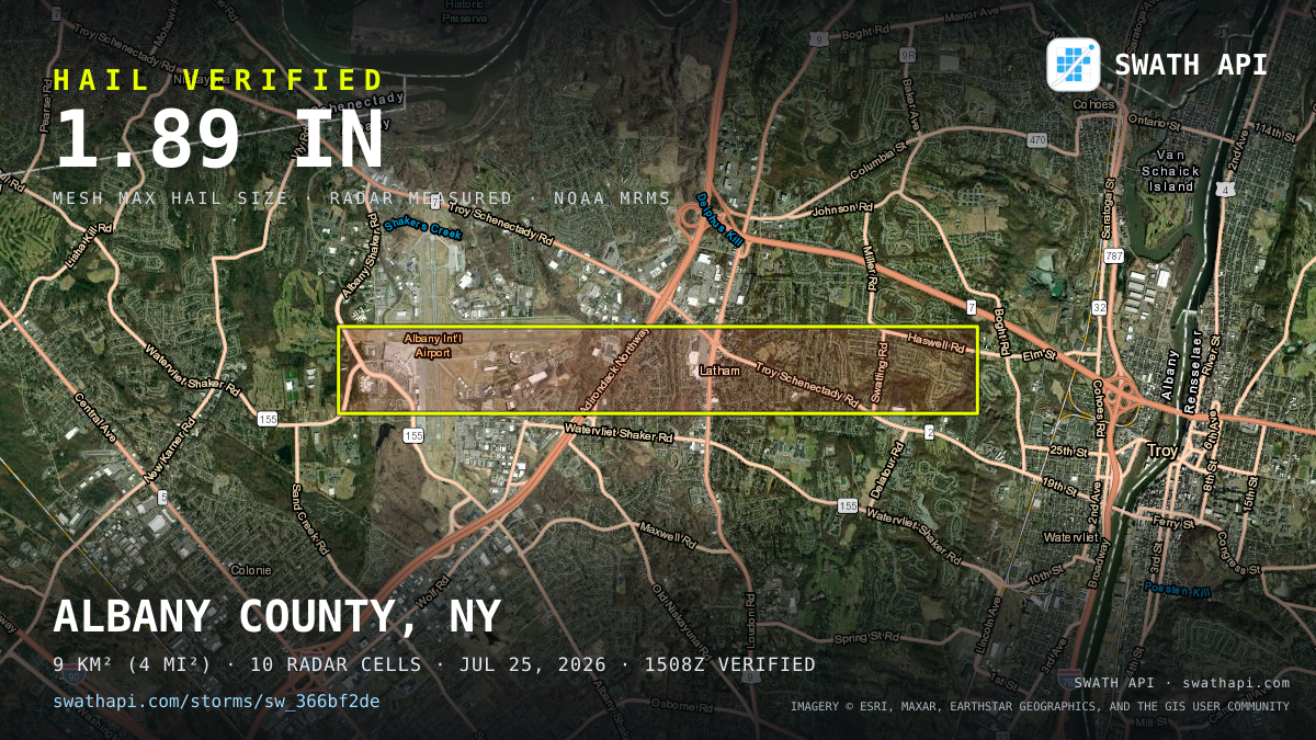 Storm card: 1.6–1.9" hail crossed Albany County, NY — July 25, 2026