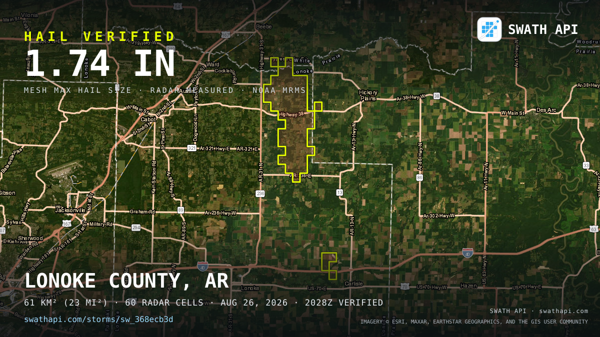 Storm card: 1–1.7" hail crossed Lonoke County, AR — August 26, 2026