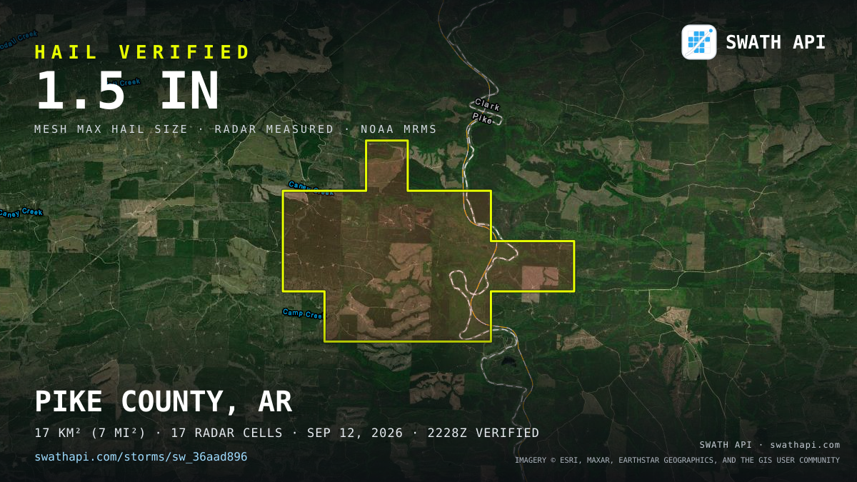Storm card: 1.1–1.5" hail crossed Pike County, AR — September 12, 2026