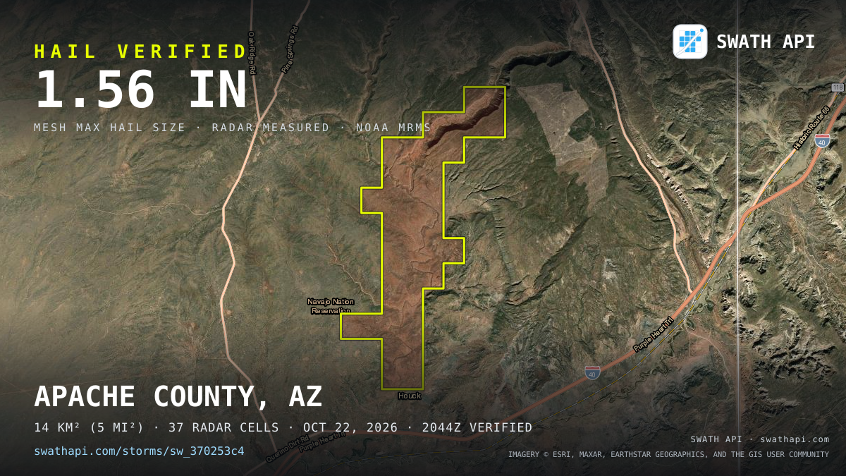 Storm card: 1.3–1.9" hail crossed Apache County, AZ — October 22, 2026
