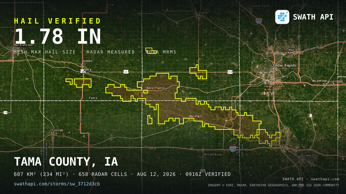 Storm card: 1.1–1.8" hail crossed Iowa County, IA — August 12, 2026
