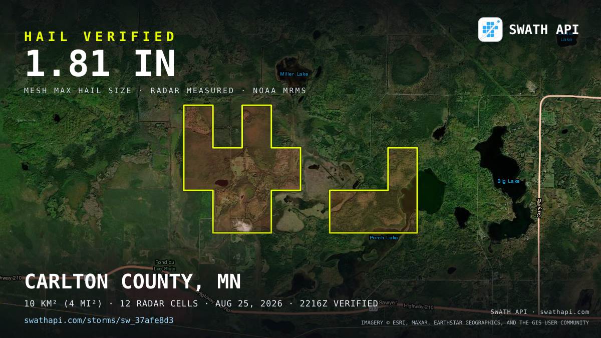 Storm card: 1.3–1.8" hail crossed Carlton County, MN — August 25, 2026