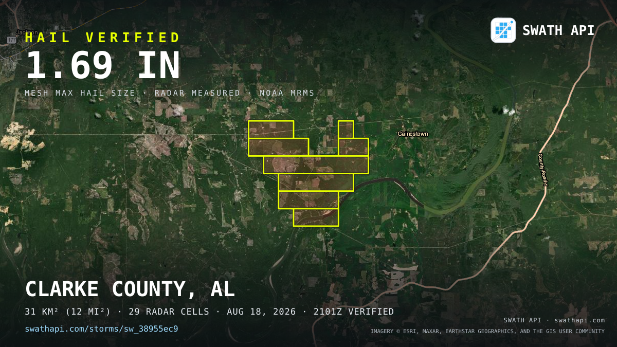 Storm card: 1.2–1.7" hail crossed Clarke County, AL — August 18, 2026