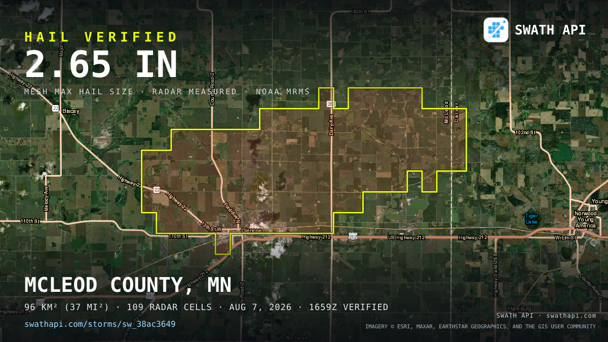 Storm card: 1.4–2.7" hail crossed McLeod County, MN — August 7, 2026
