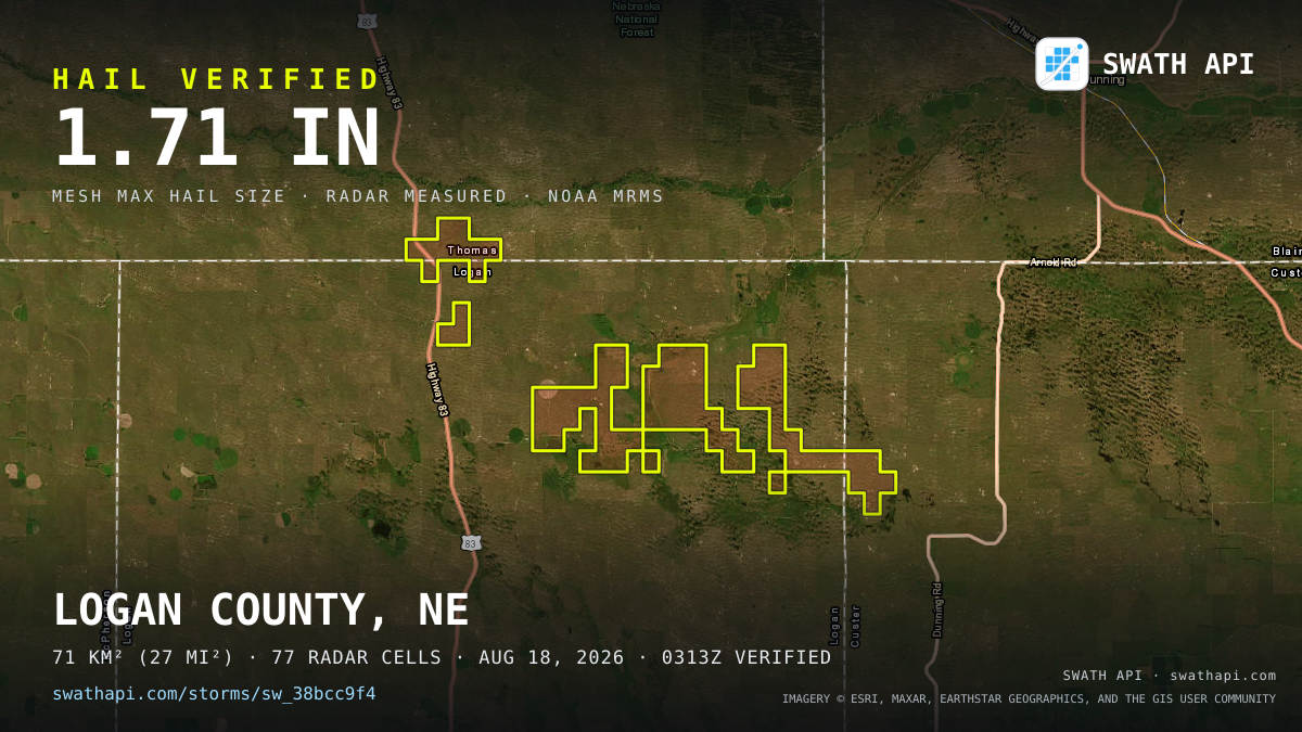 Storm card: 1.1–1.7" hail crossed Logan County, NE — August 18, 2026