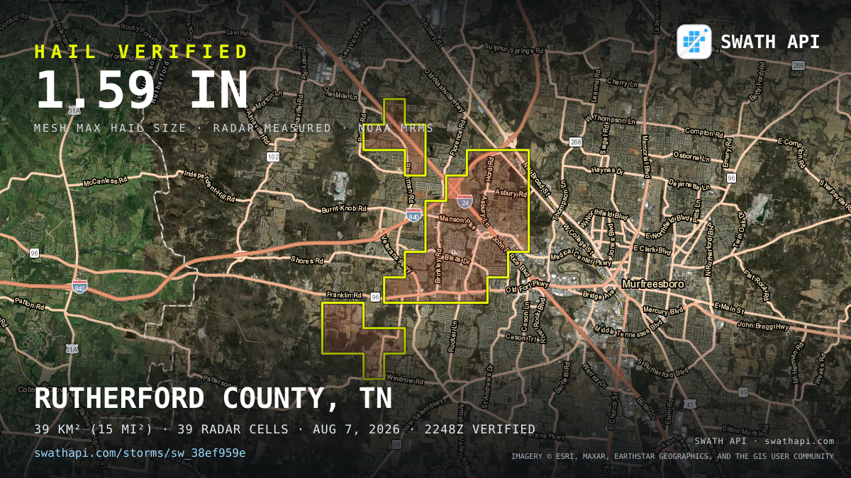 Storm card: 1.2–1.6" hail crossed Rutherford County, TN — August 7, 2026