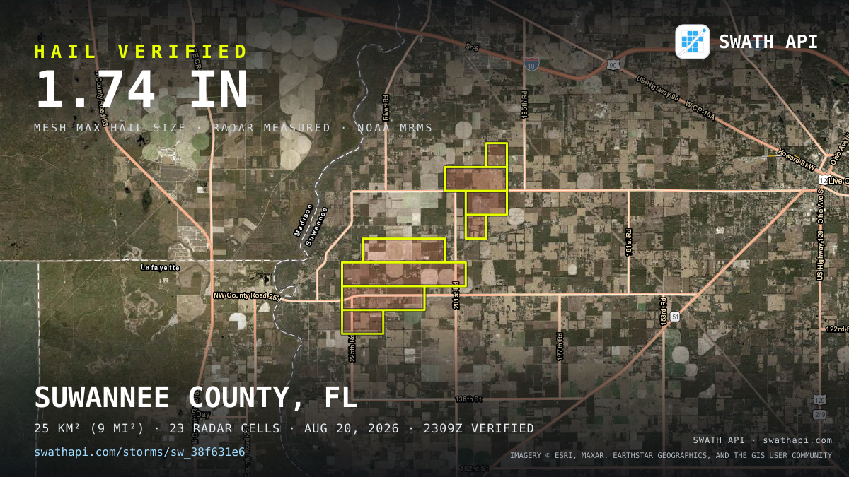 Storm card: 1.3–1.7" hail crossed Suwannee County, FL — August 20, 2026