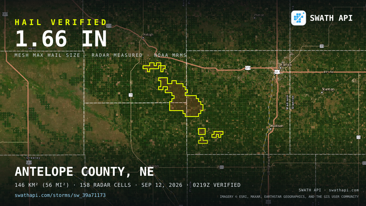 Storm card: 1.1–1.7" hail crossed Antelope County, NE — September 12, 2026