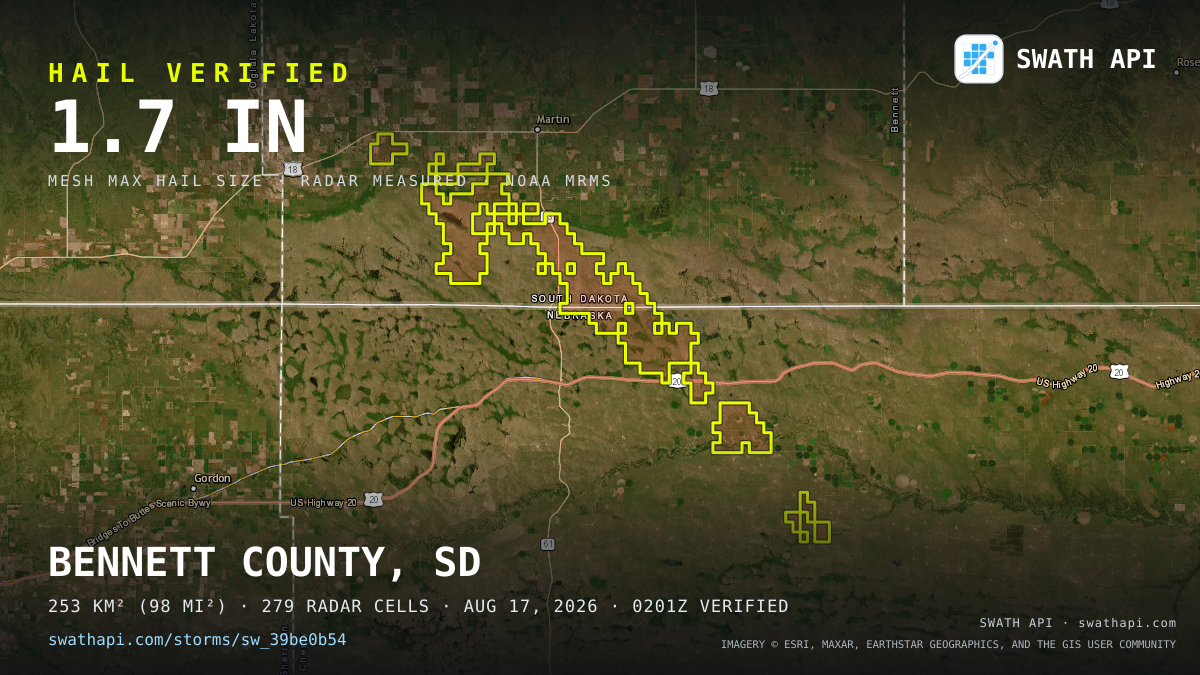 Storm card: 1.1–1.7" hail crossed Bennett County, SD — August 17, 2026