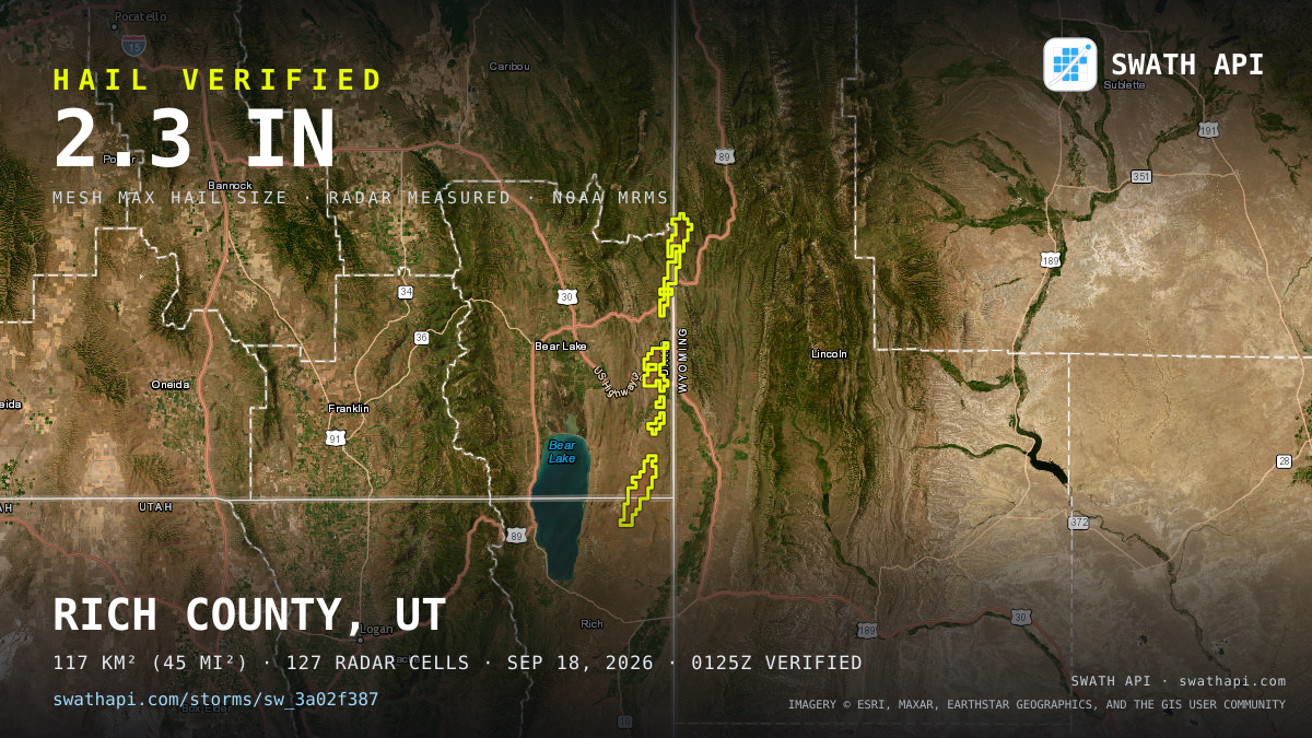 Storm card: 1.1–2.3" hail crossed Bear Lake County, ID — September 18, 2026