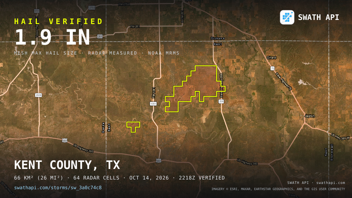 Storm card: 1.1–1.9" hail crossed Kent County, TX — October 14, 2026