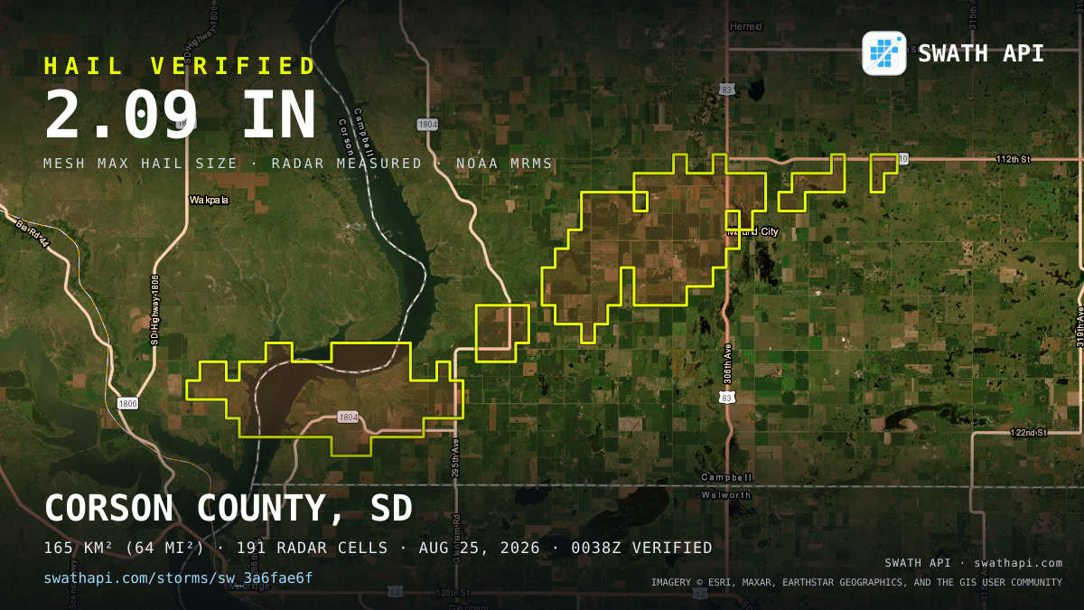Storm card: 1.1–2.1" hail crossed Campbell County, SD — August 25, 2026