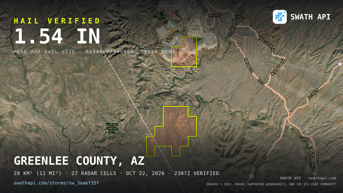 Storm card: 1.1–1.7" hail crossed Greenlee County, AZ — October 22, 2026