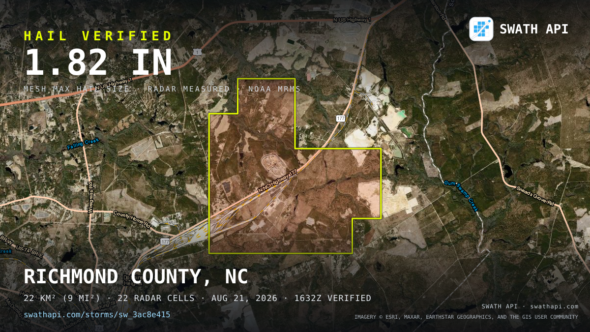 Storm card: 1.2–1.8" hail crossed Richmond County, NC — August 21, 2026