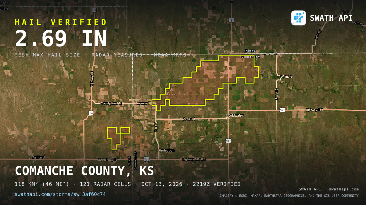 Storm card: 1.2–2.8" hail crossed Comanche County, KS — October 13, 2026