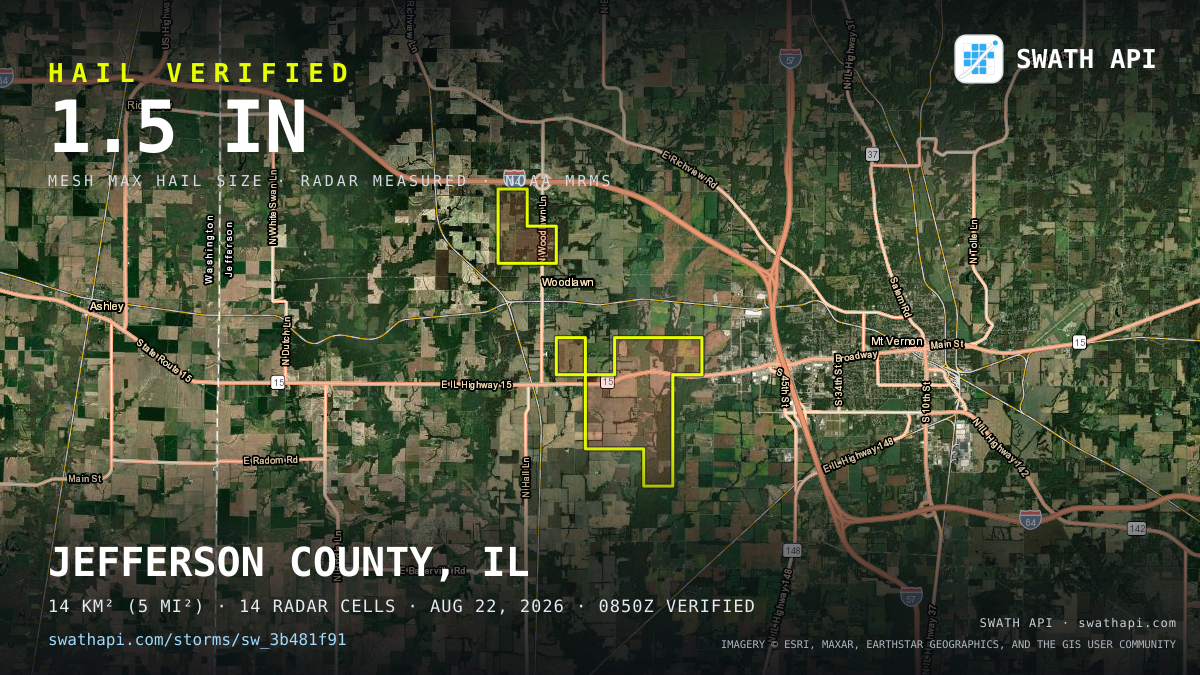 Storm card: 1.2–1.5" hail crossed Jefferson County, IL — August 22, 2026