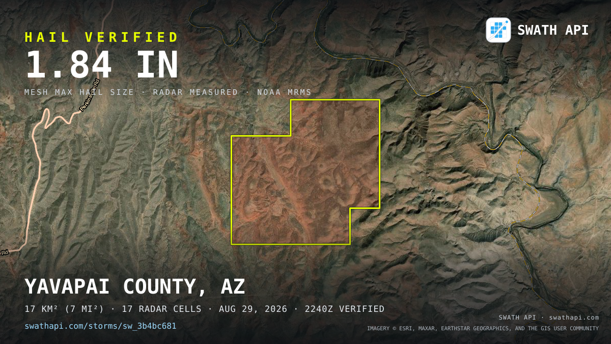 Storm card: 1.3–1.8" hail crossed Yavapai County, AZ — August 29, 2026