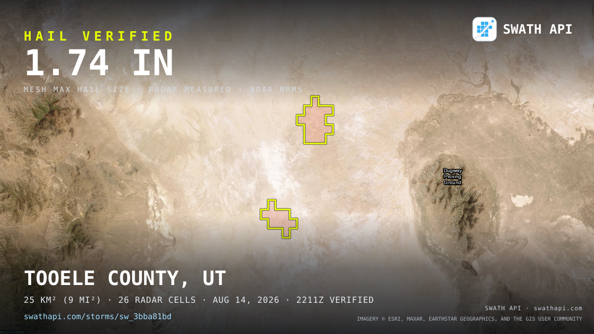 Storm card: 1.3–1.7" hail crossed Tooele County, UT — August 14, 2026