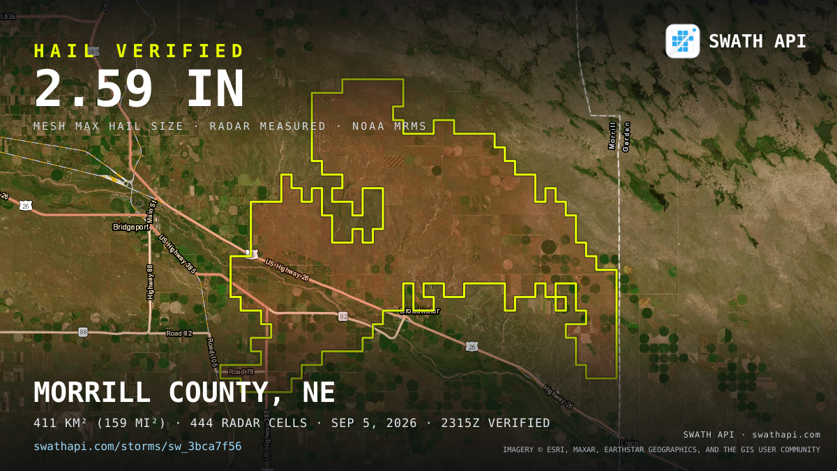 Storm card: 1.1–2.6" hail crossed Morrill County, NE — September 5, 2026