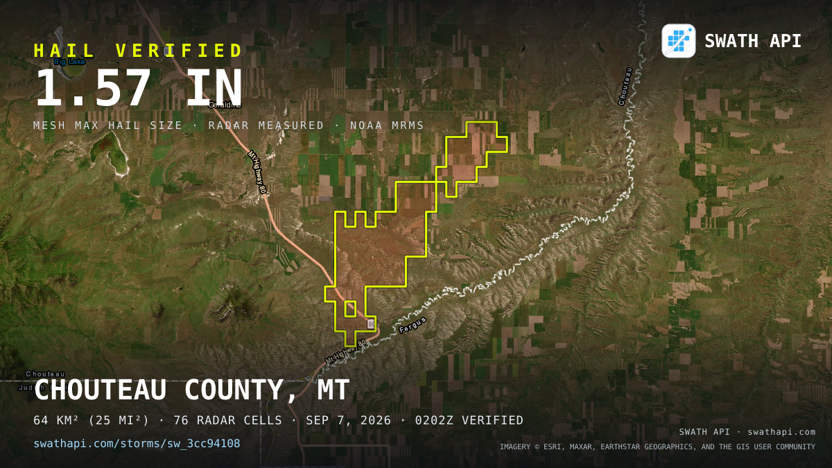 Storm card: 1.1–1.6" hail crossed Chouteau County, MT — September 7, 2026