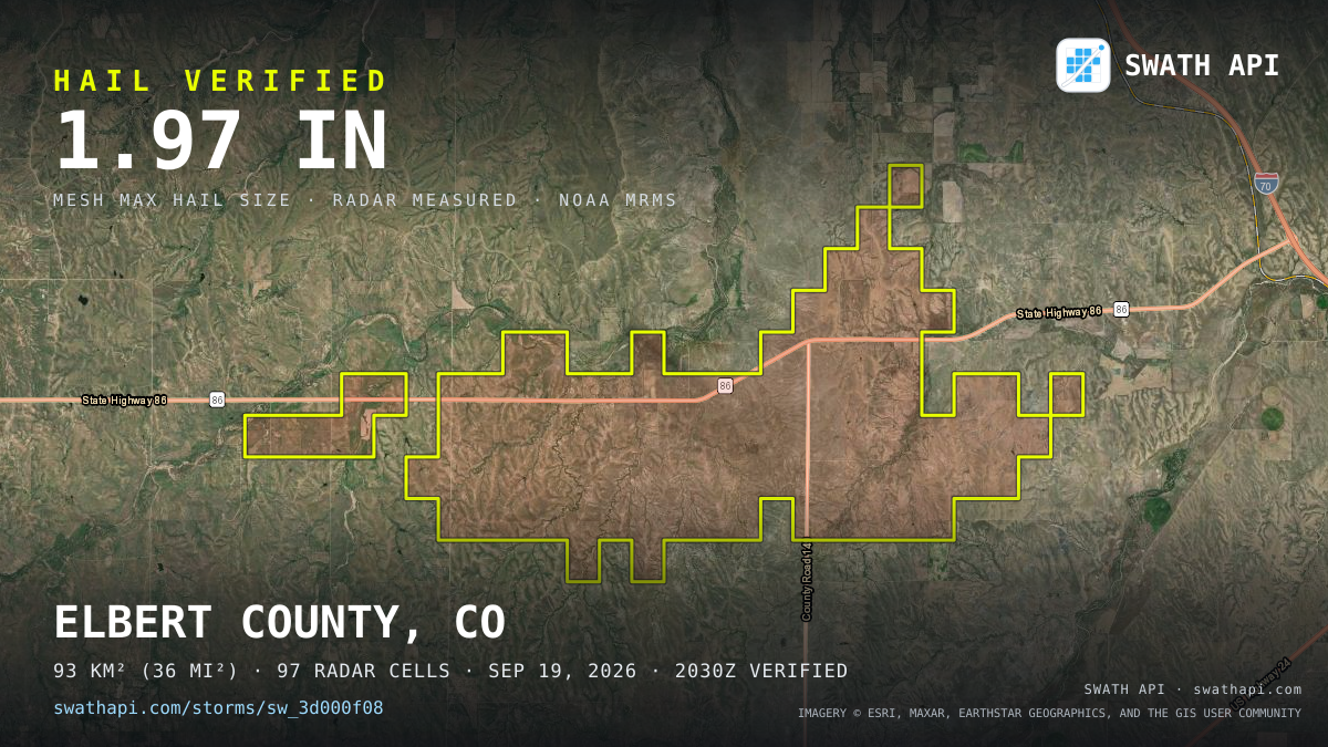Storm card: 1.3–2" hail crossed Elbert County, CO — September 19, 2026