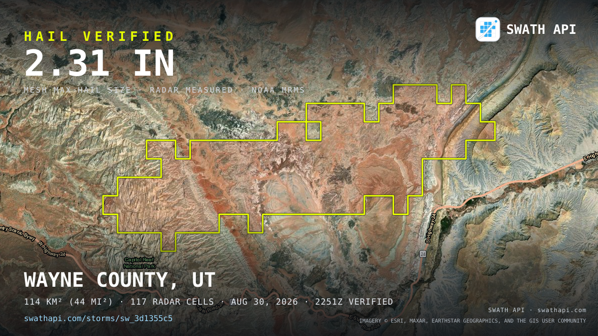 Storm card: 1.2–2.3" hail crossed Wayne County, UT — August 30, 2026