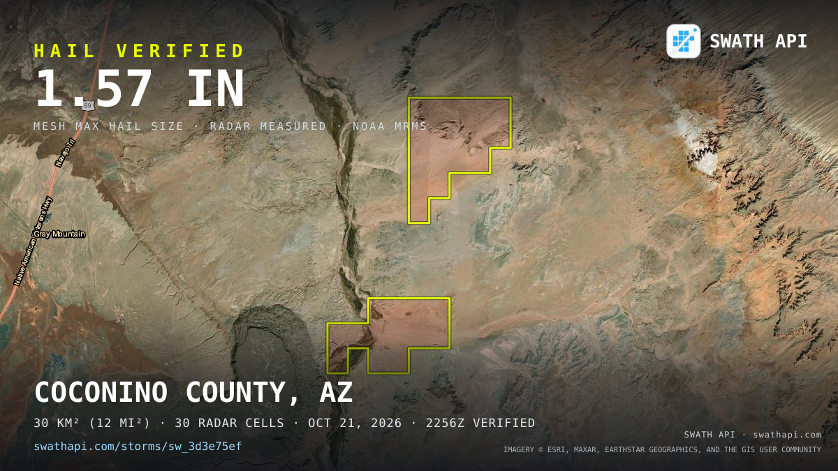 Storm card: 1.3–1.6" hail crossed Coconino County, AZ — October 21, 2026