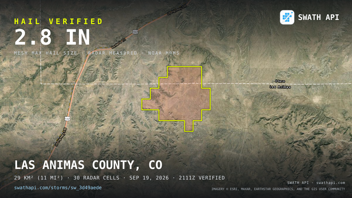 Storm card: 1.7–2.8" hail crossed Las Animas County, CO — September 19, 2026