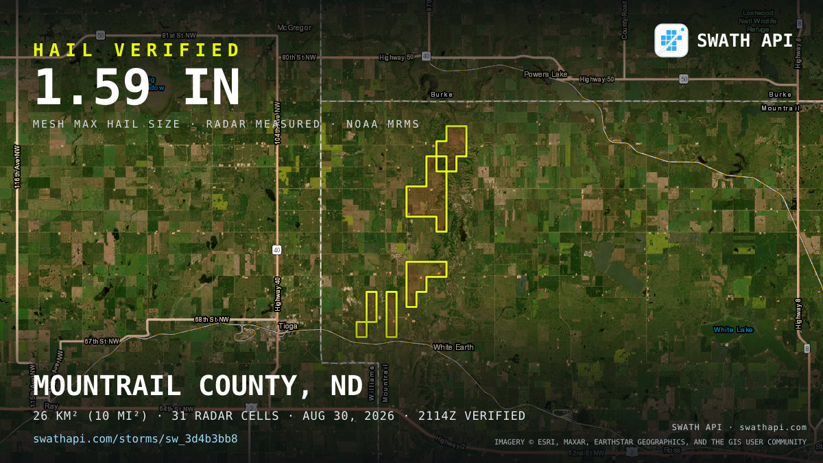 Storm card: 1.2–1.6" hail crossed Mountrail County, ND — August 30, 2026