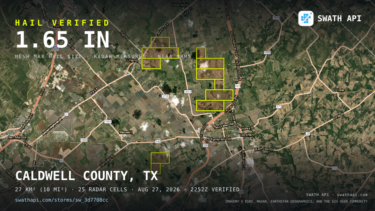 Storm card: 1.1–1.7" hail crossed Caldwell County, TX — August 27, 2026