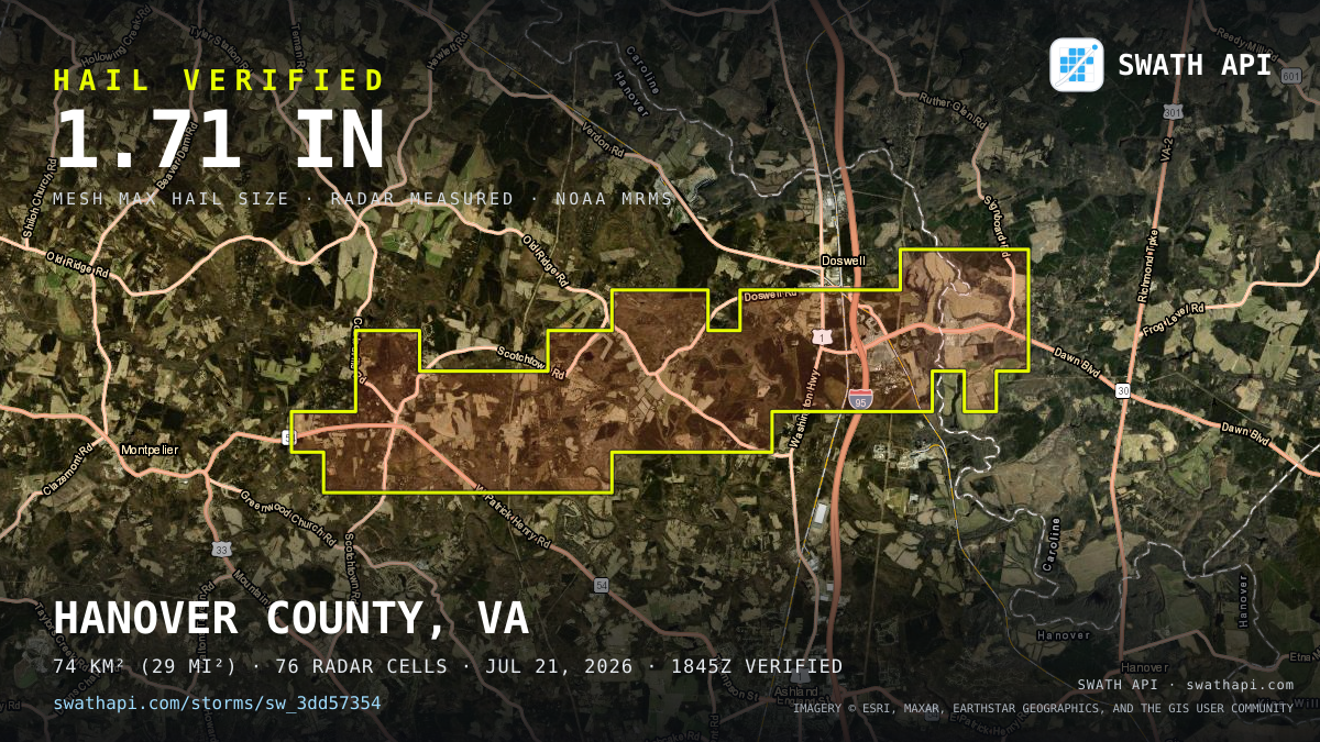 Storm card: 1.2–1.7" hail crossed Hanover County, VA — July 21, 2026