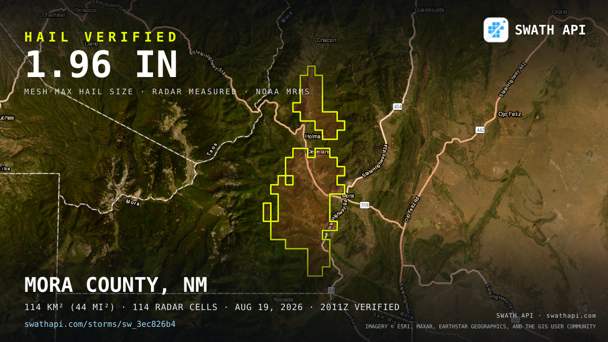 Storm card: 1.4–2" hail crossed Mora County, NM — August 19, 2026