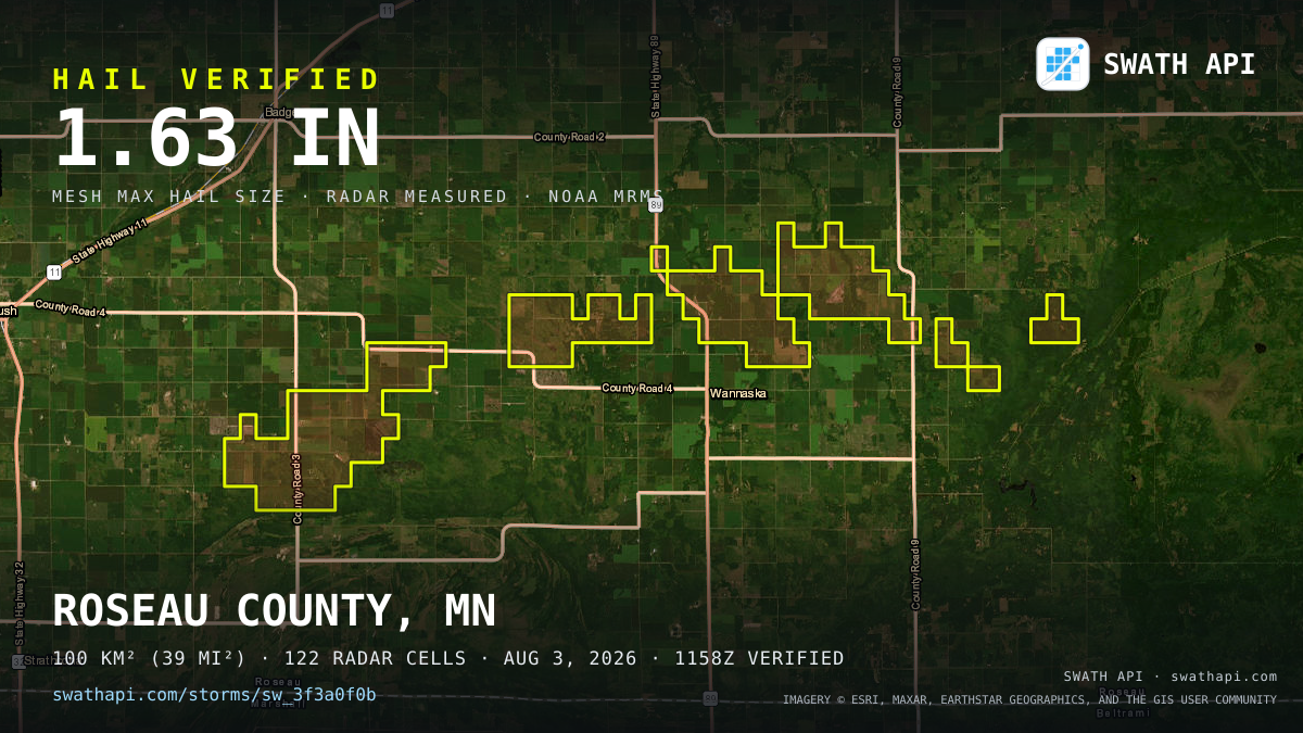 Storm card: 1.1–1.6" hail crossed Roseau County, MN — August 3, 2026