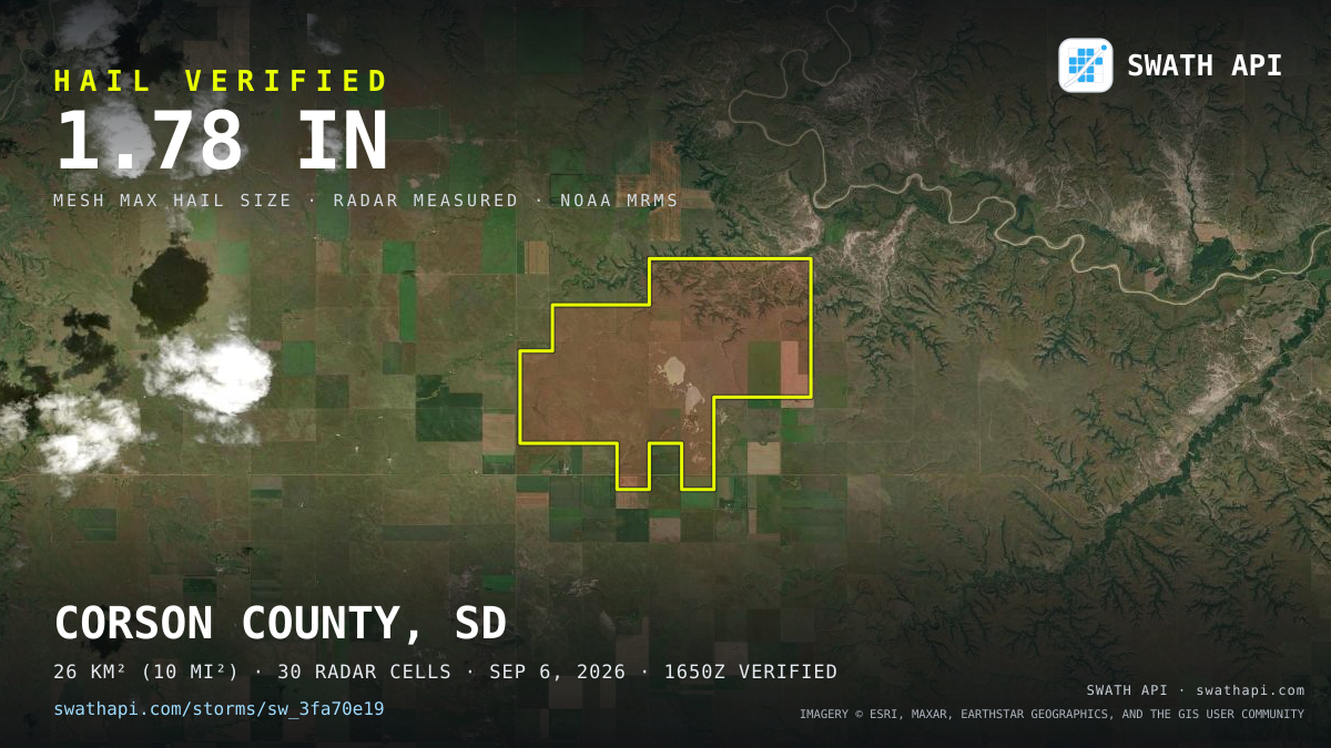 Storm card: 1.2–1.8" hail crossed Corson County, SD — September 6, 2026