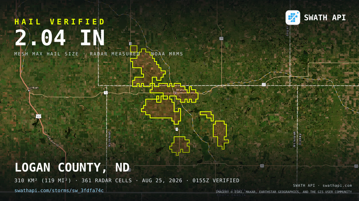 Storm card: 1.2–2" hail crossed McIntosh County, ND — August 25, 2026