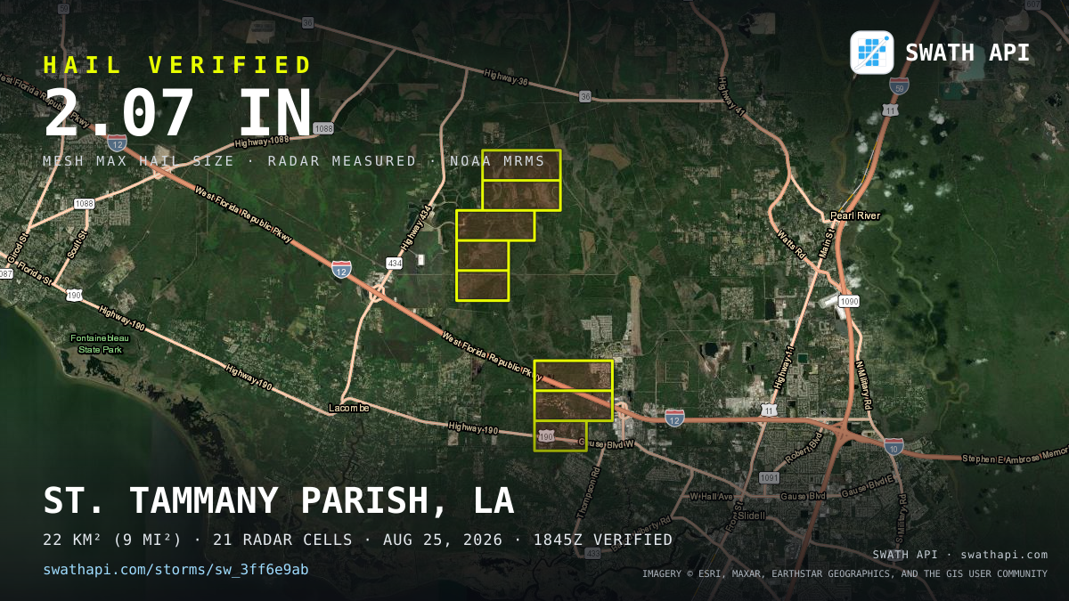 Storm card: 1.3–2.1" hail crossed St. Tammany Parish, LA — August 25, 2026