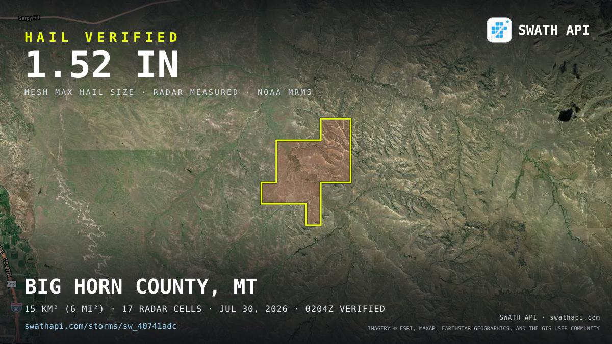 Storm card: 1.2–1.5" hail crossed Big Horn County, MT — July 30, 2026