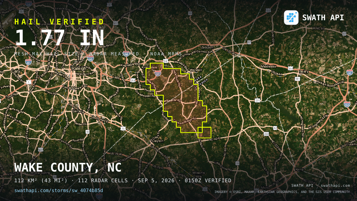 Storm card: 1.1–1.8" hail crossed Johnston County, NC — September 5, 2026