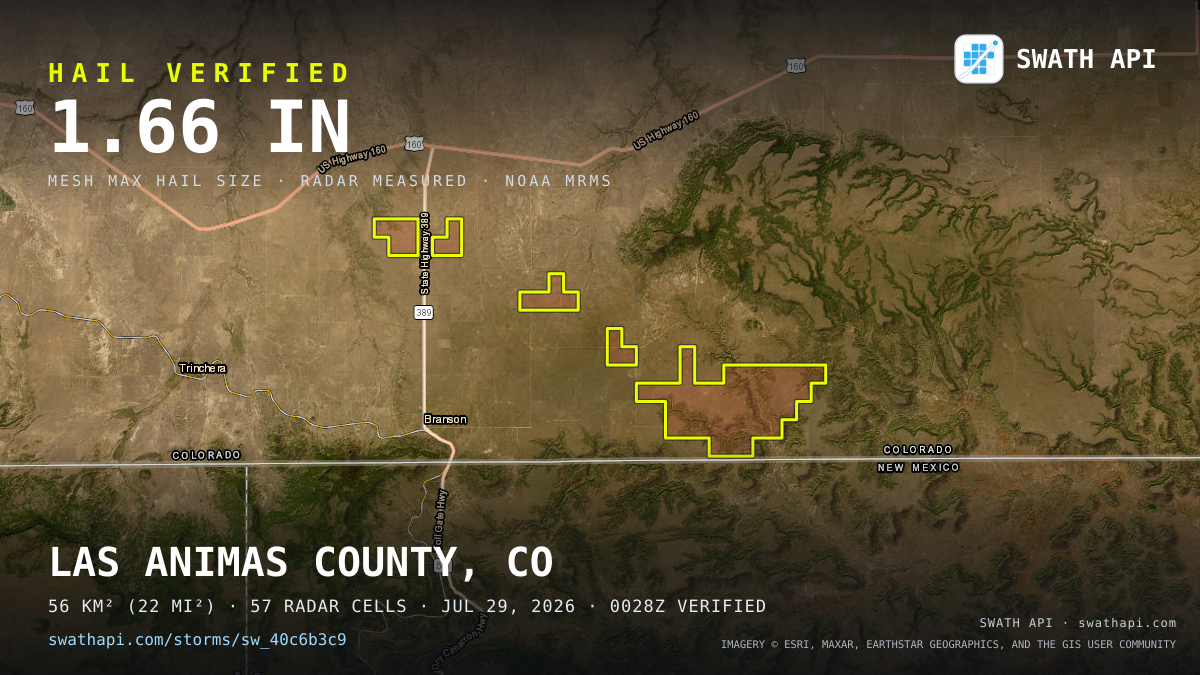 Storm card: 1.2–1.7" hail crossed Las Animas County, CO — July 29, 2026