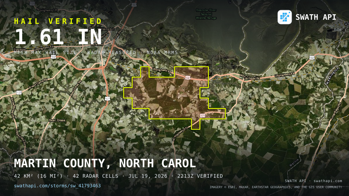 Storm card: 1.2–1.6" hail crossed Martin County, NC — July 19, 2026